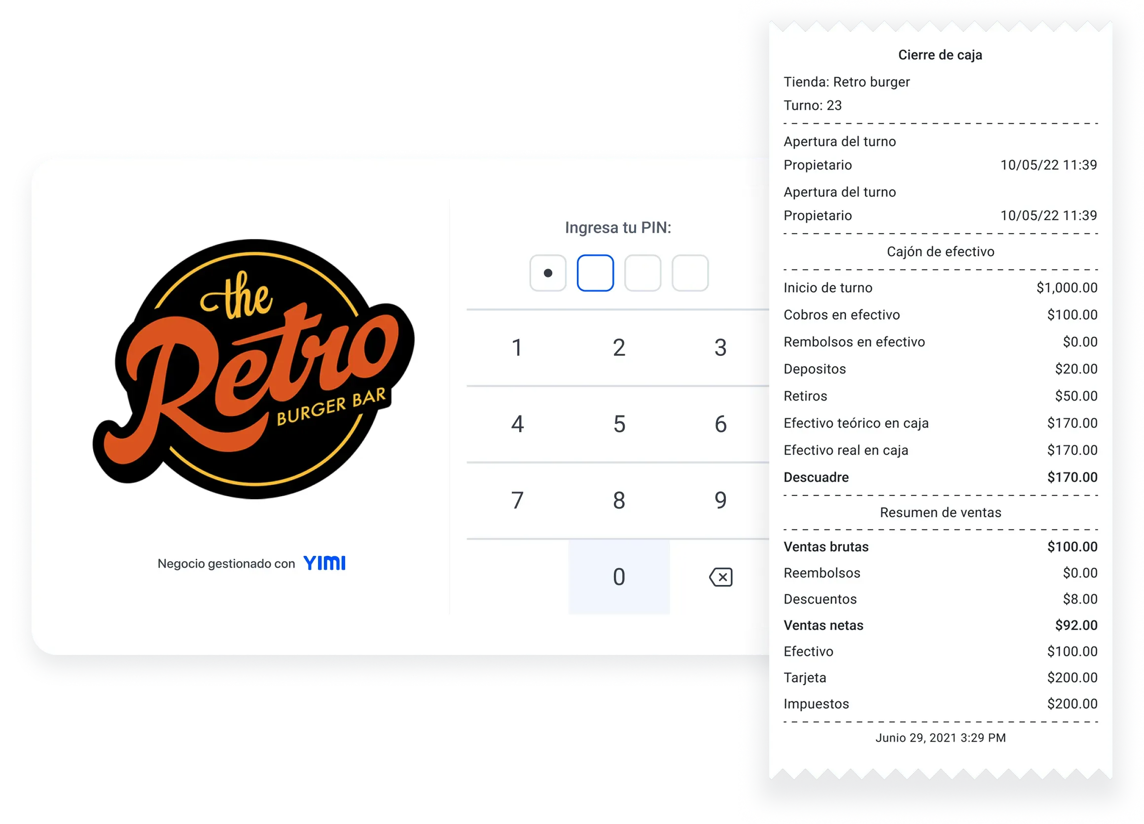 View of the Yimi app showing cash drawer shifts