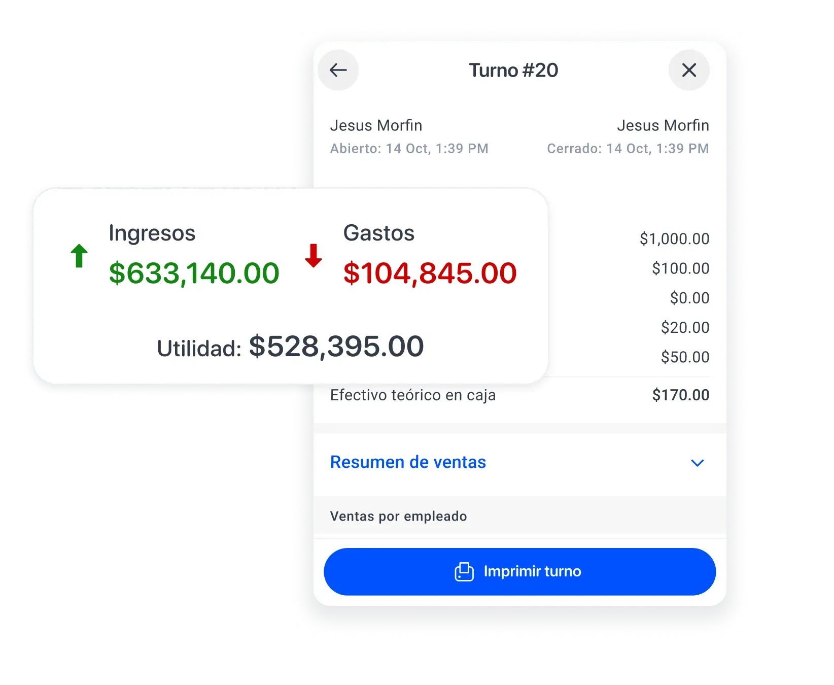 View of the Yimi app showing a cash register closing