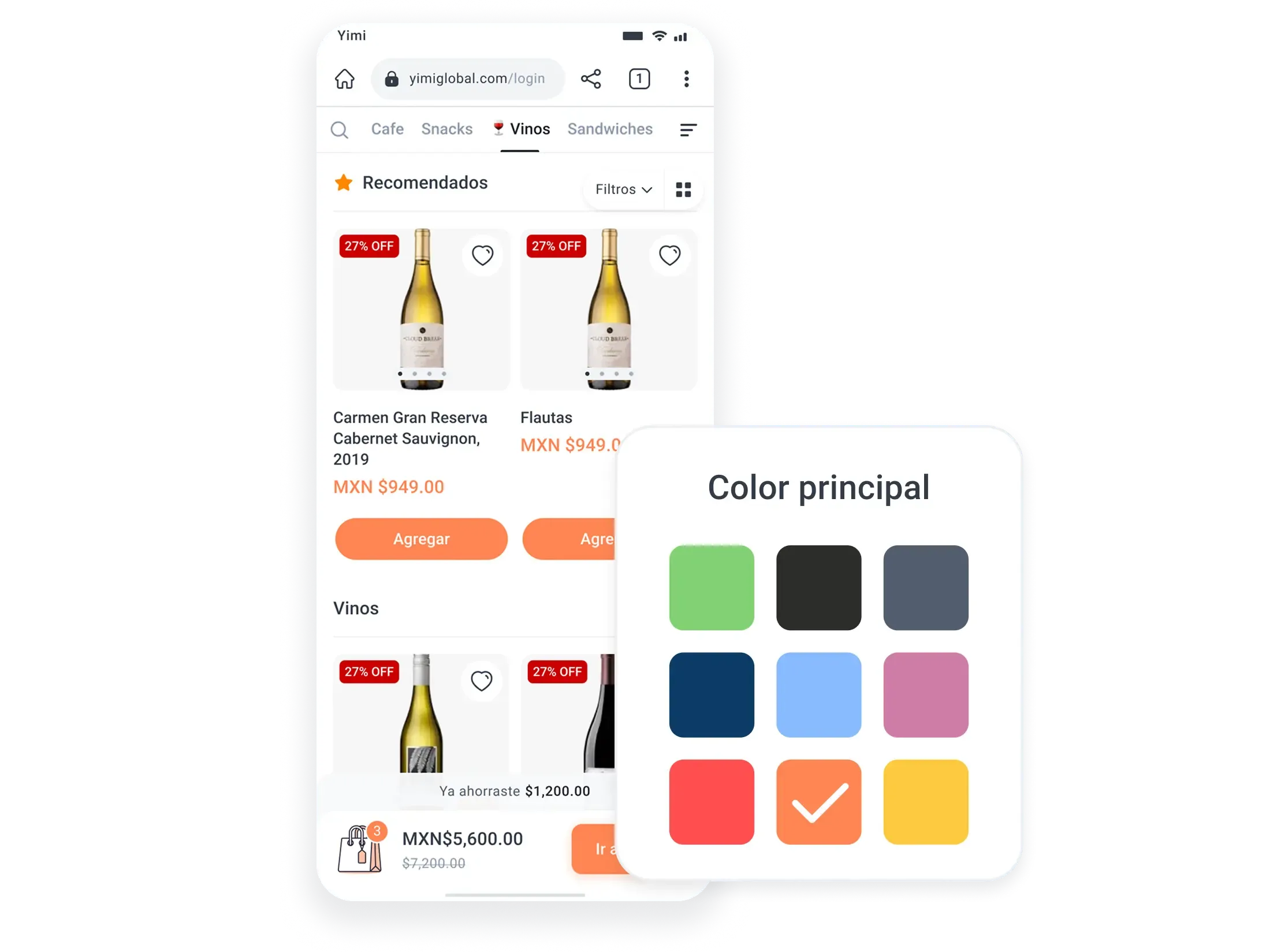 View of the Yimi app showing online store customization