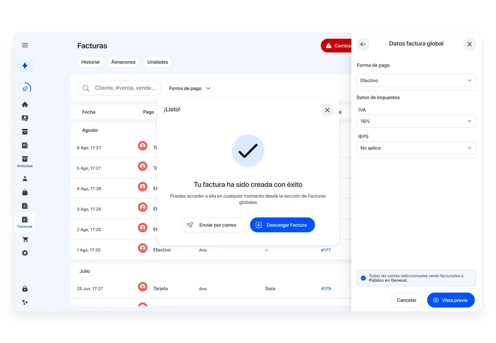 View of the Yimi app showing a global invoice being created