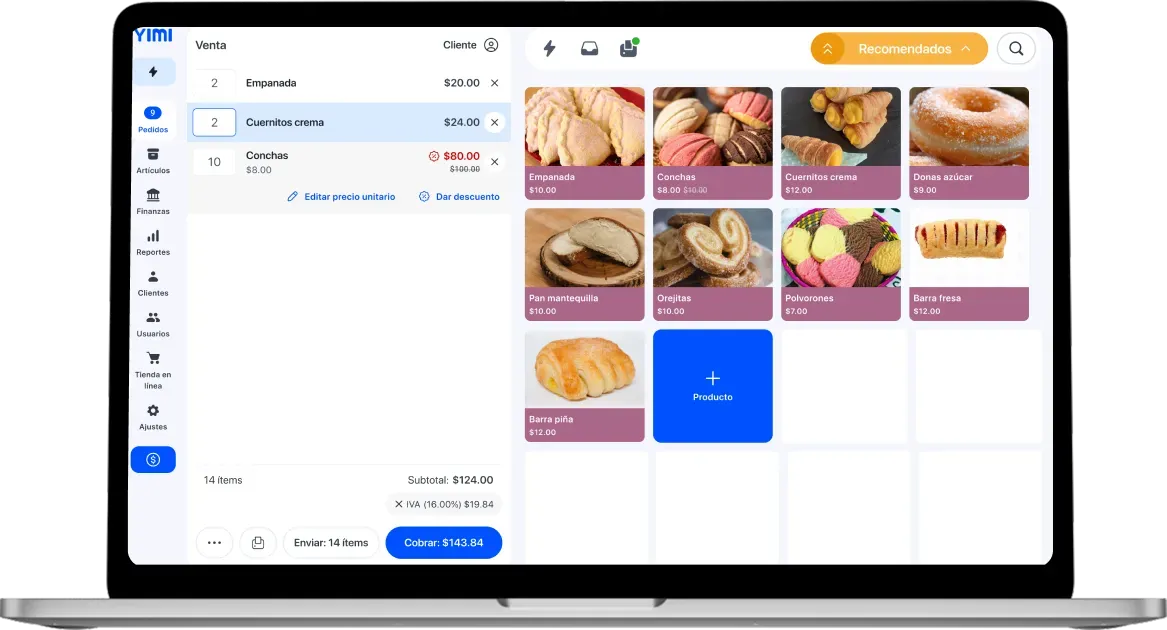 View of the Yimi app showing a bakery's point of sale
