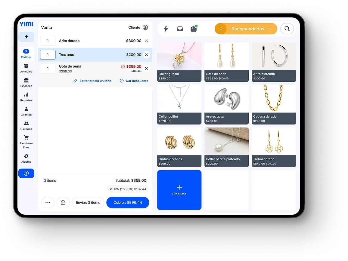 View of the Yimi app showing a jewelry store's point of sale