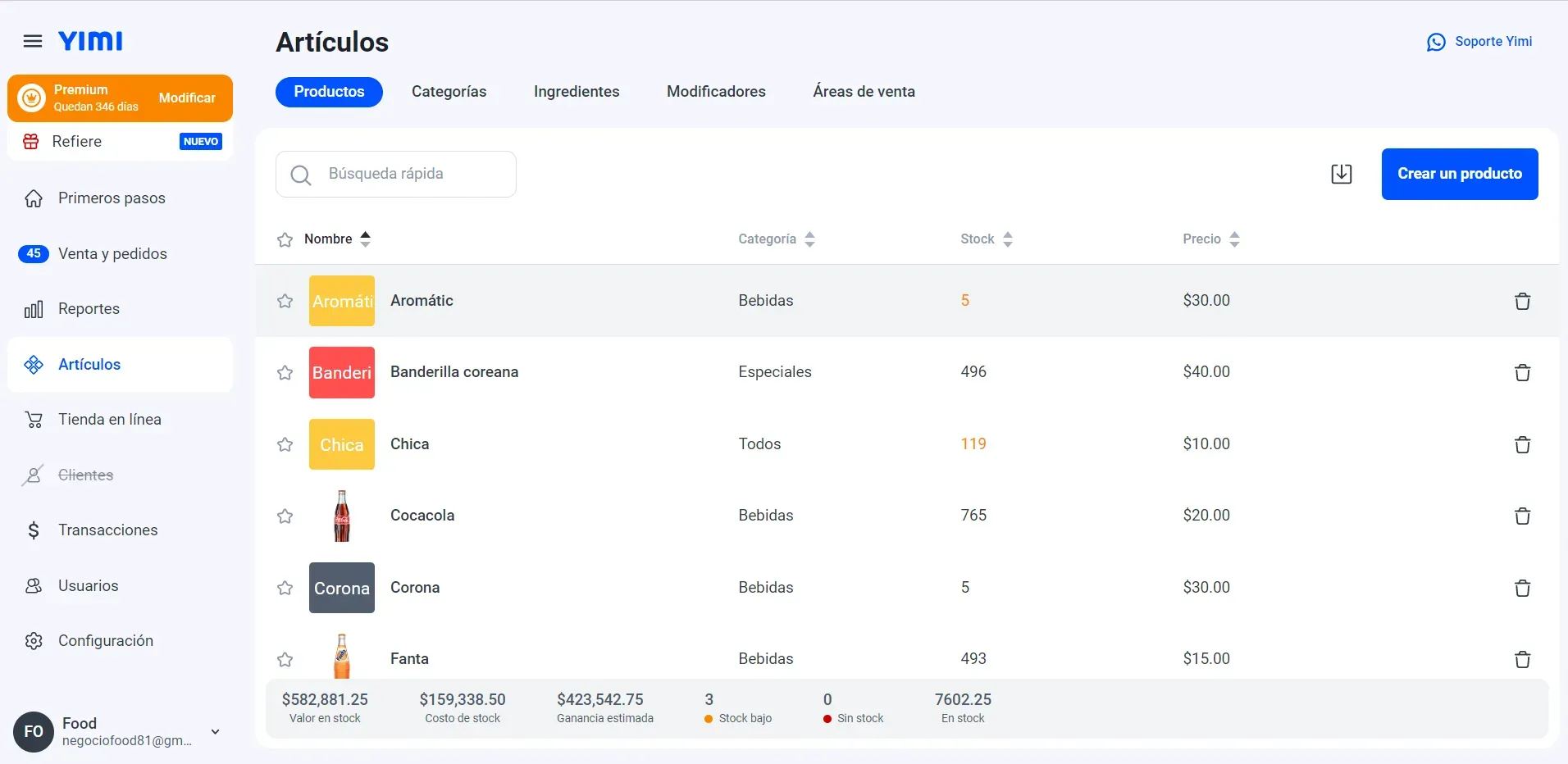 View of the Yimi desktop app showing inventory