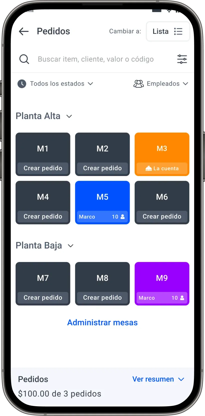 View of the Yimi mobile app showing table management