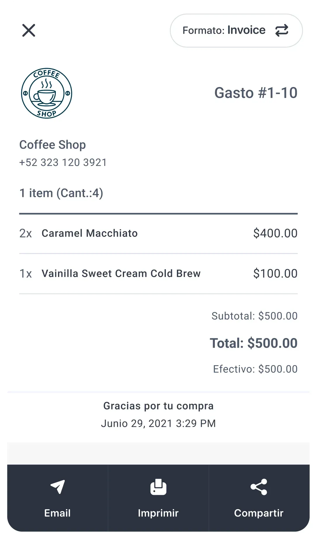 View of the Yimi mobile app showing a sales ticket