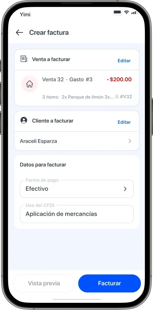 View of the Yimi mobile app showing an invoice being created