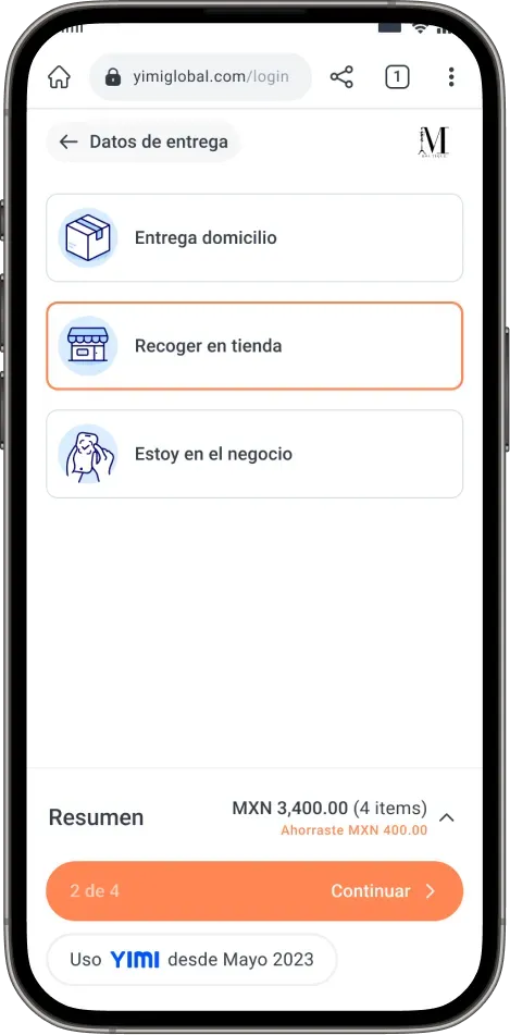 View of the Yimi mobile app showing the online sales page