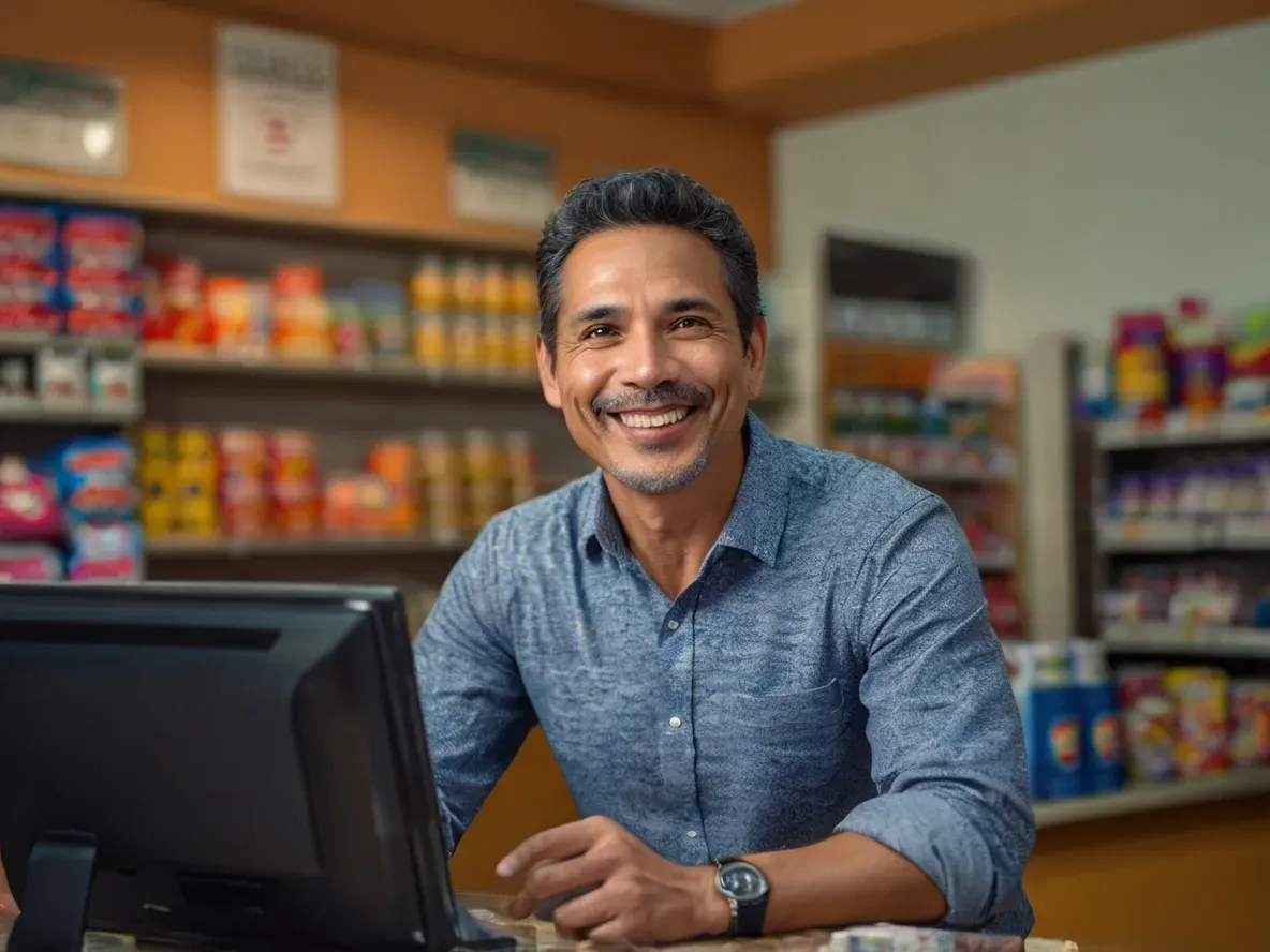 A clerk serving a customer at a grocery store using Yimi
