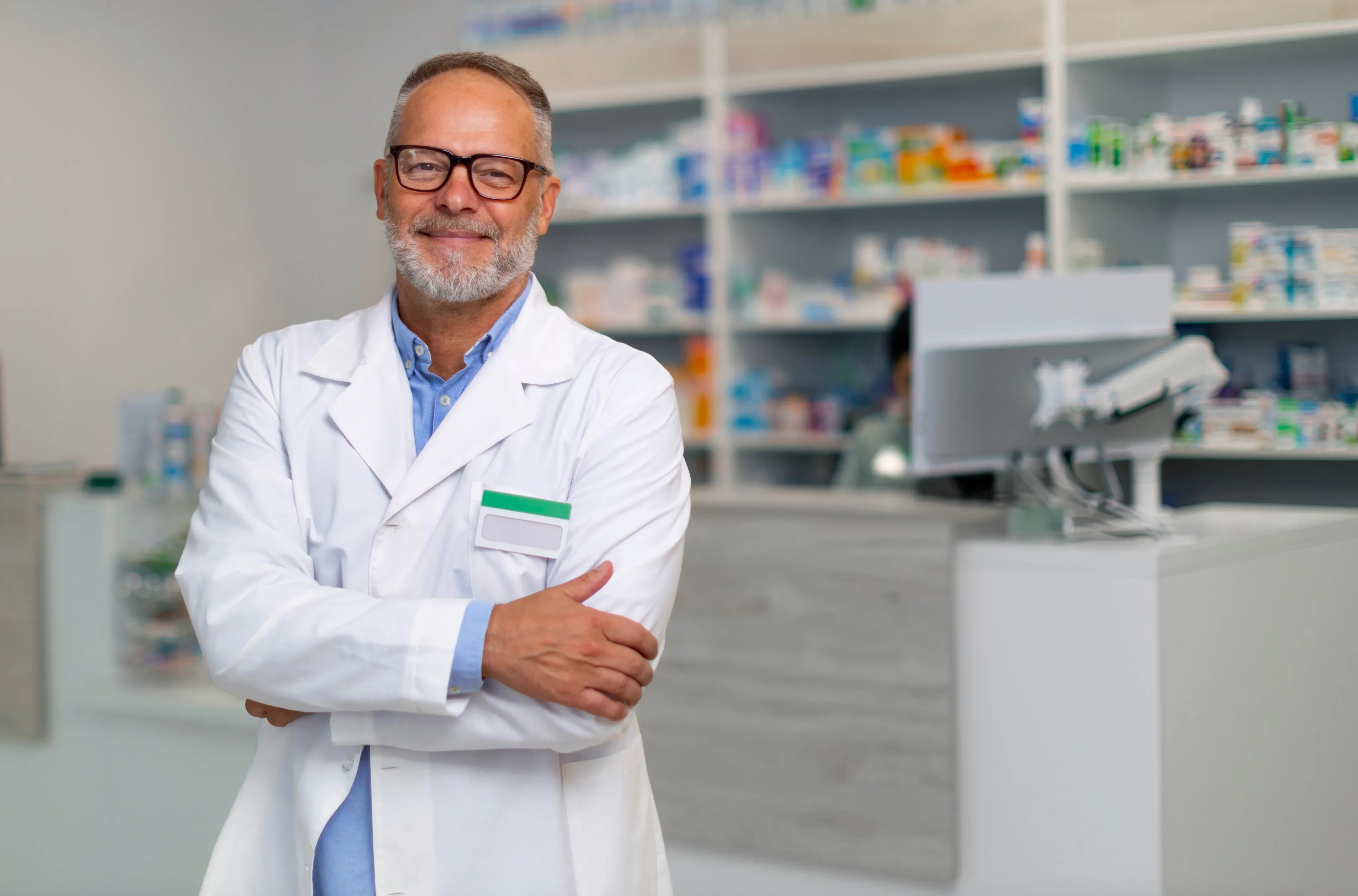 A pharmacist serving a customer at a pharmacy using Yimi