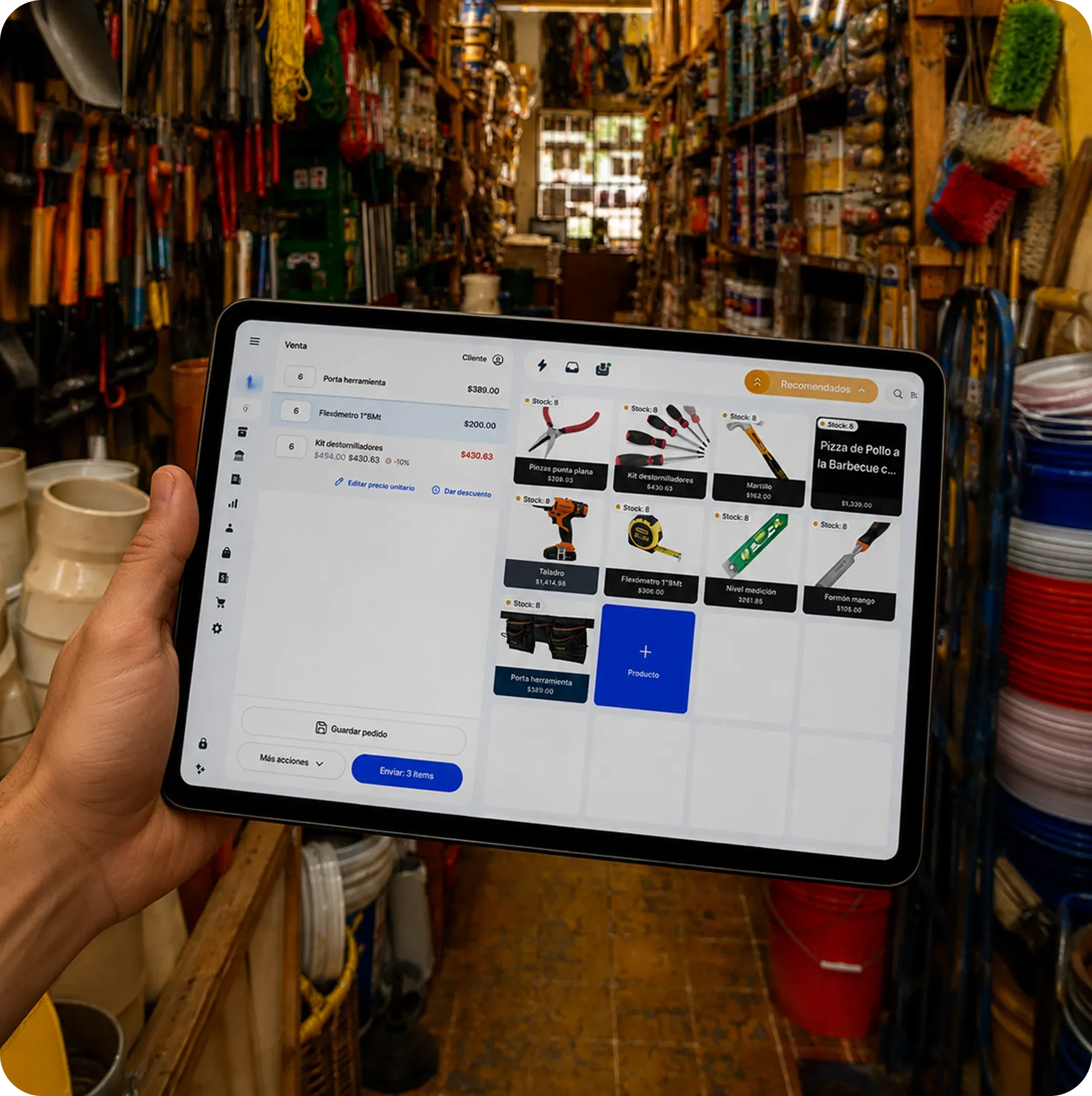 A clerk serving a customer at a hardware store using Yimi