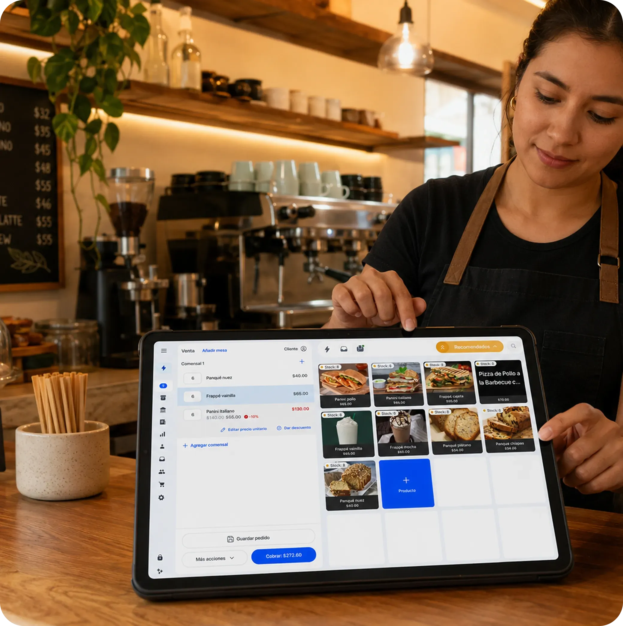 A barista serving a customer in a cafe using Yimi