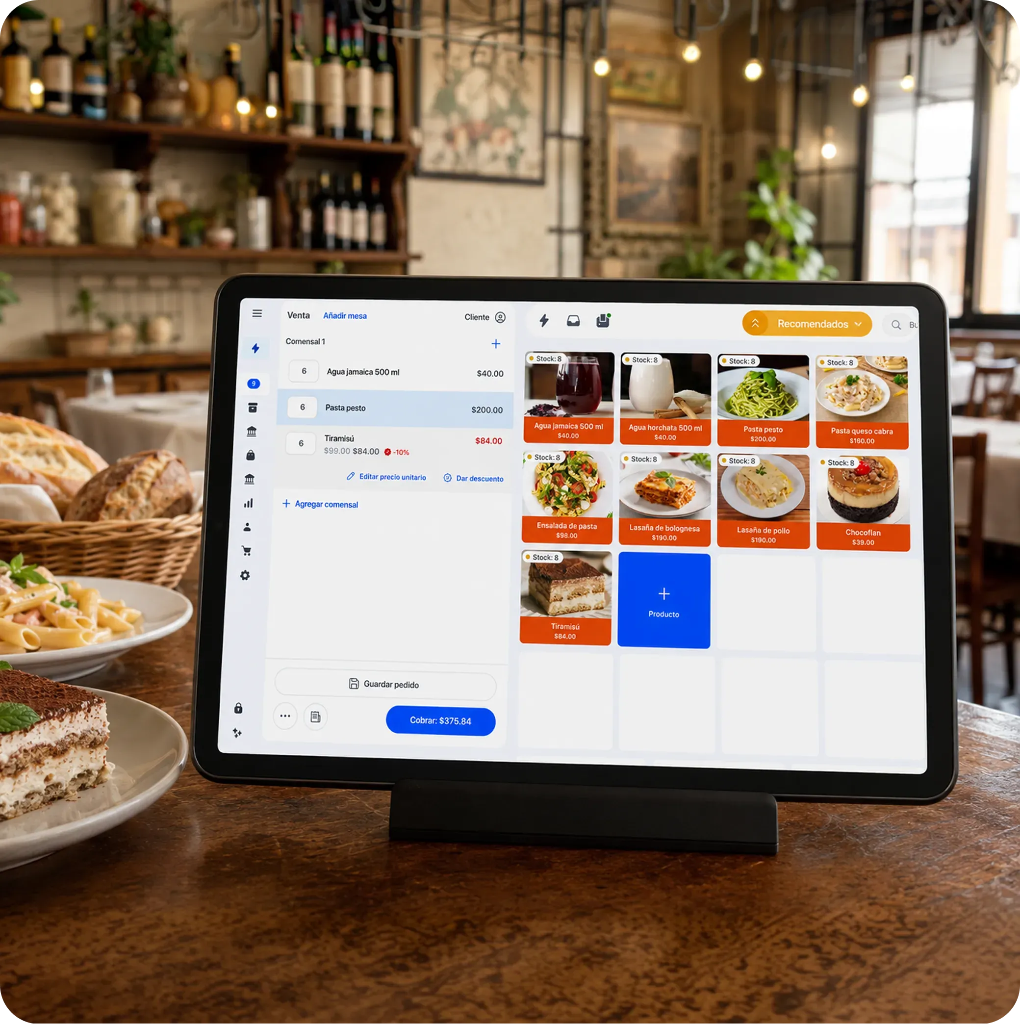 A waiter serving customers in a restaurant using Yimi