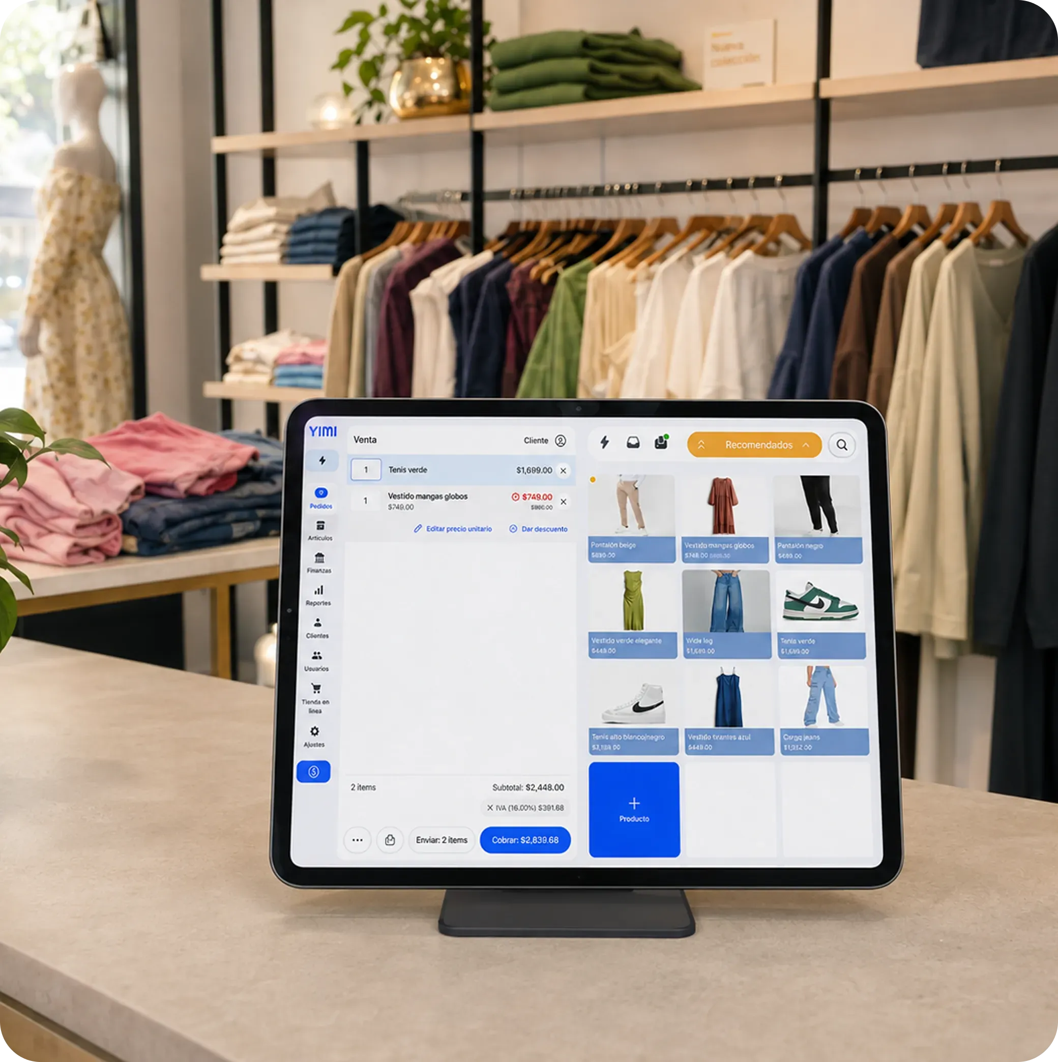A clerk serving a customer at a clothing boutique using Yimi