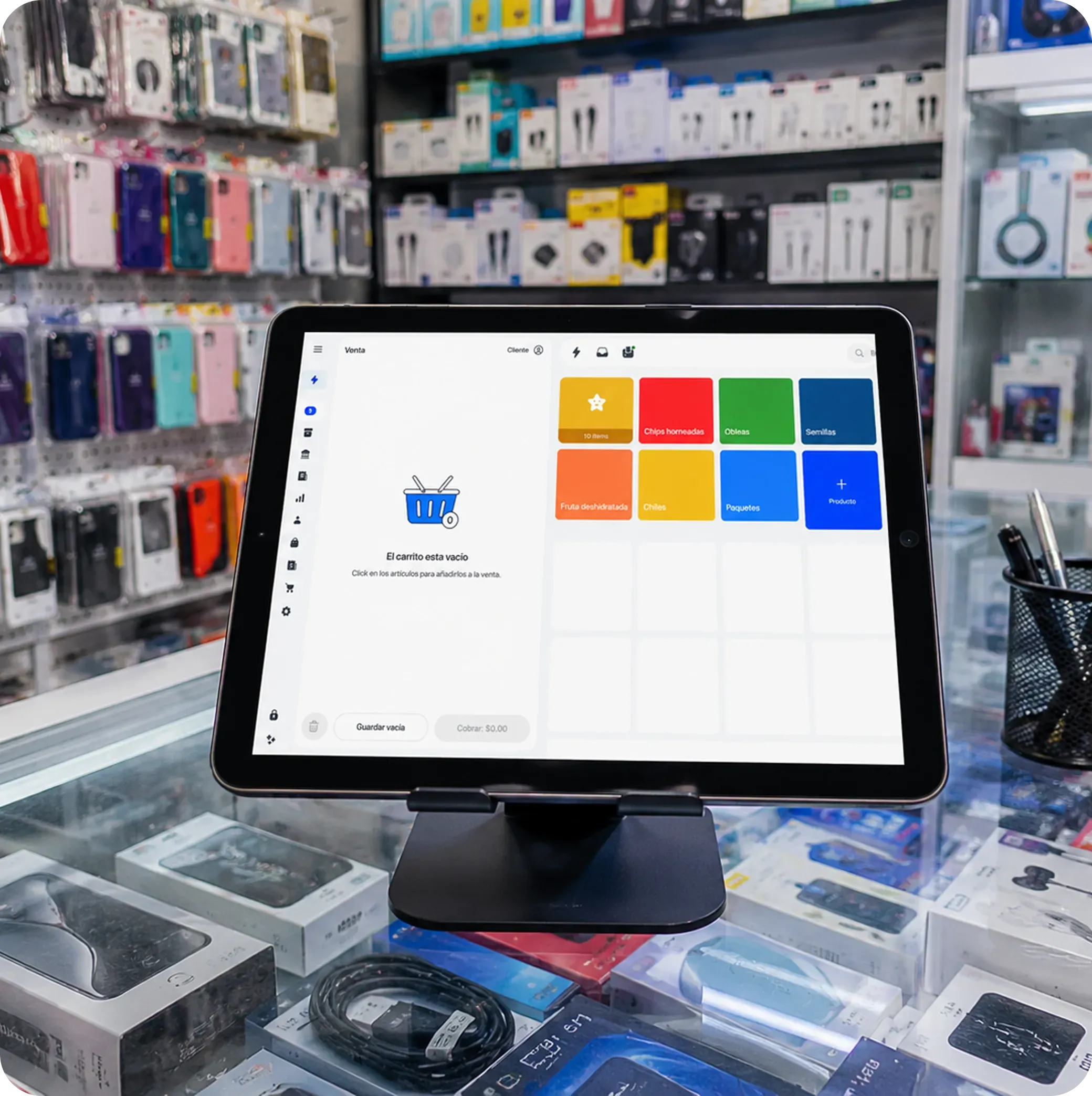A clerk serving a customer at an electronics store using Yimi