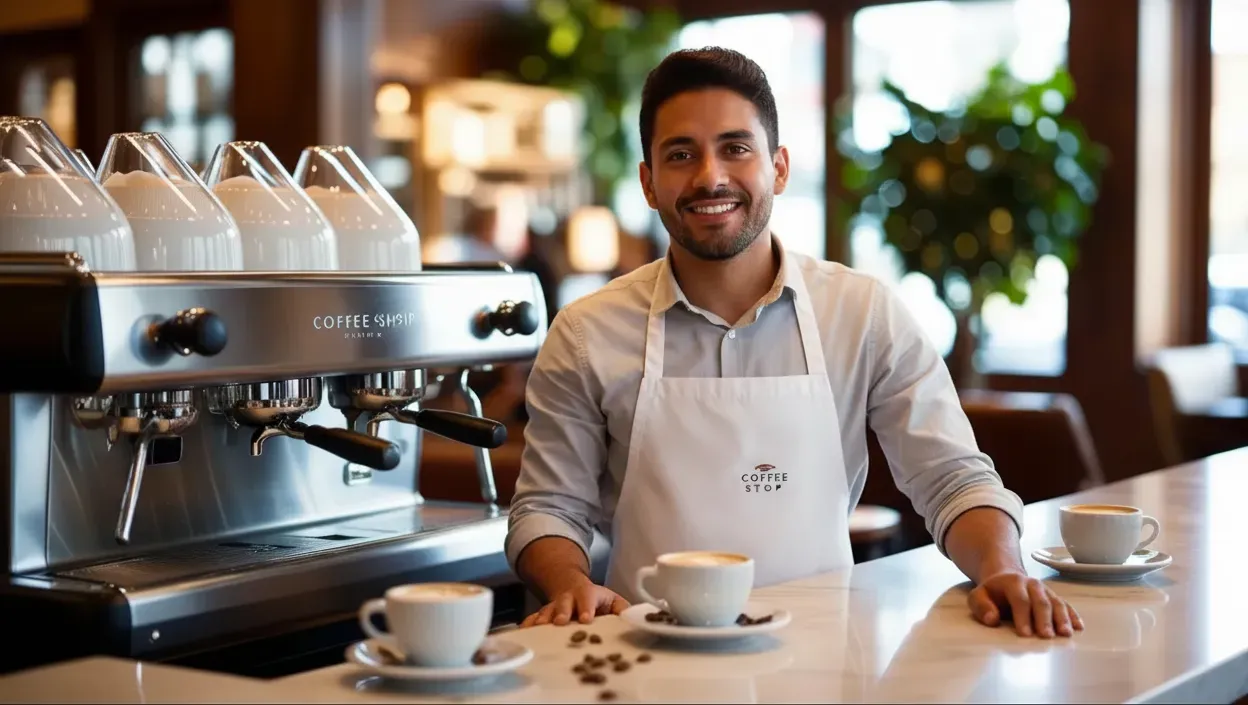A barista serving a customer in a cafe using Yimi