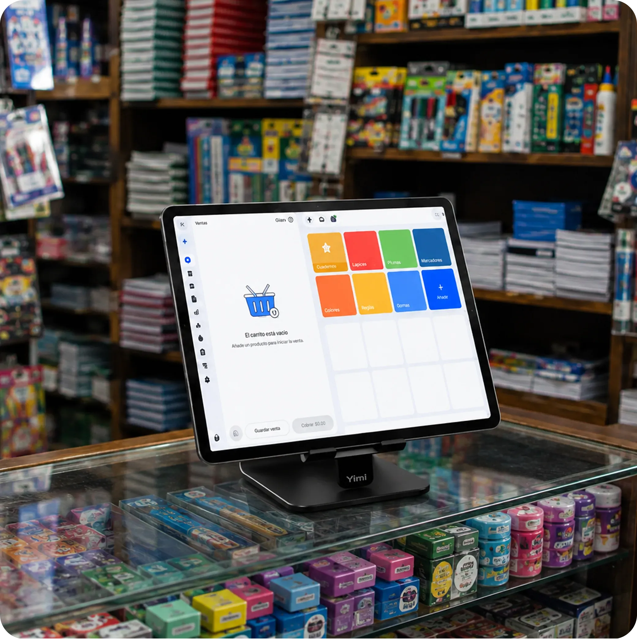 Dependiente atendiendo a un cliente en una papelería usando Yimi