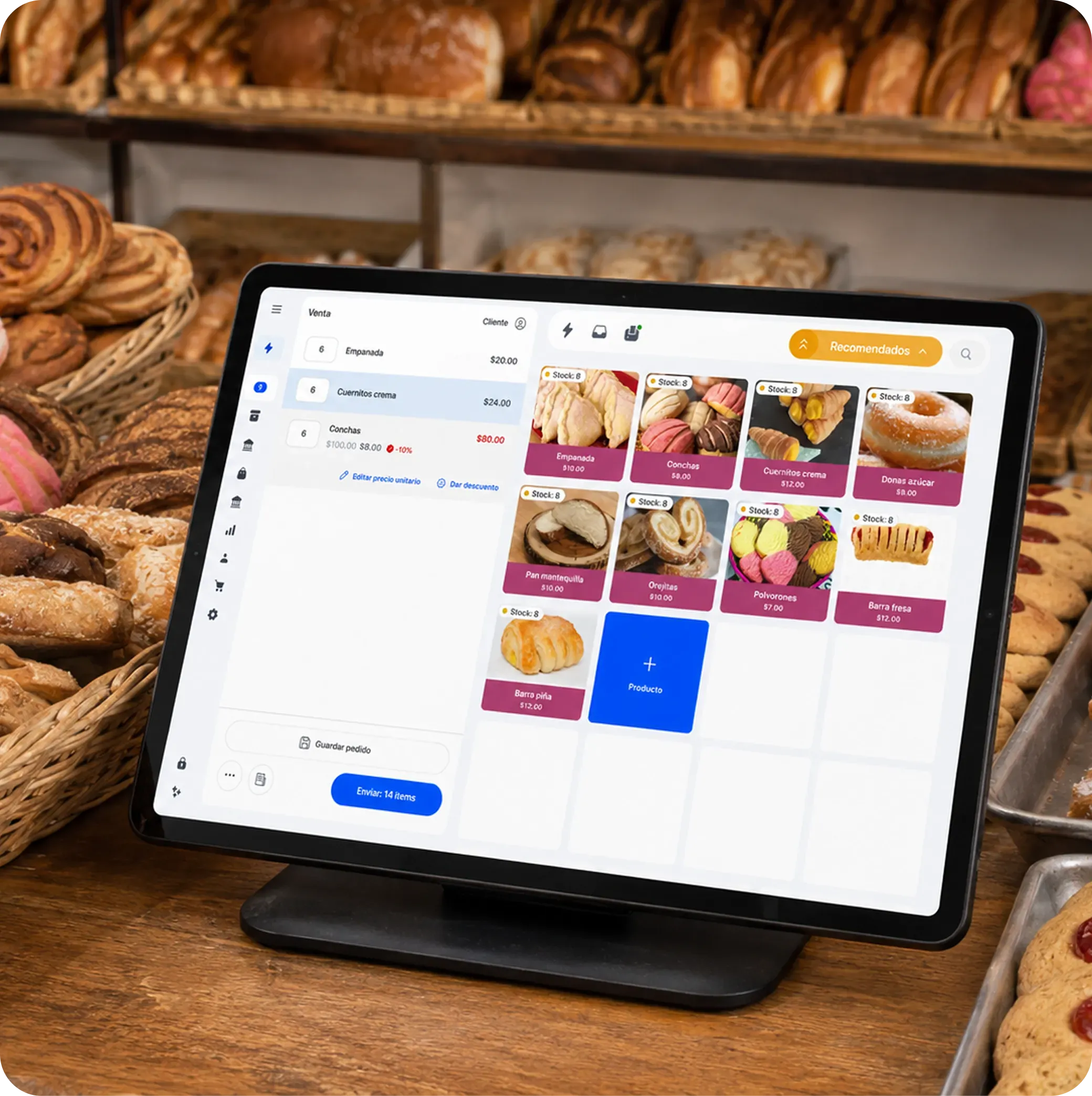 A baker serving a customer at a bakery using Yimi