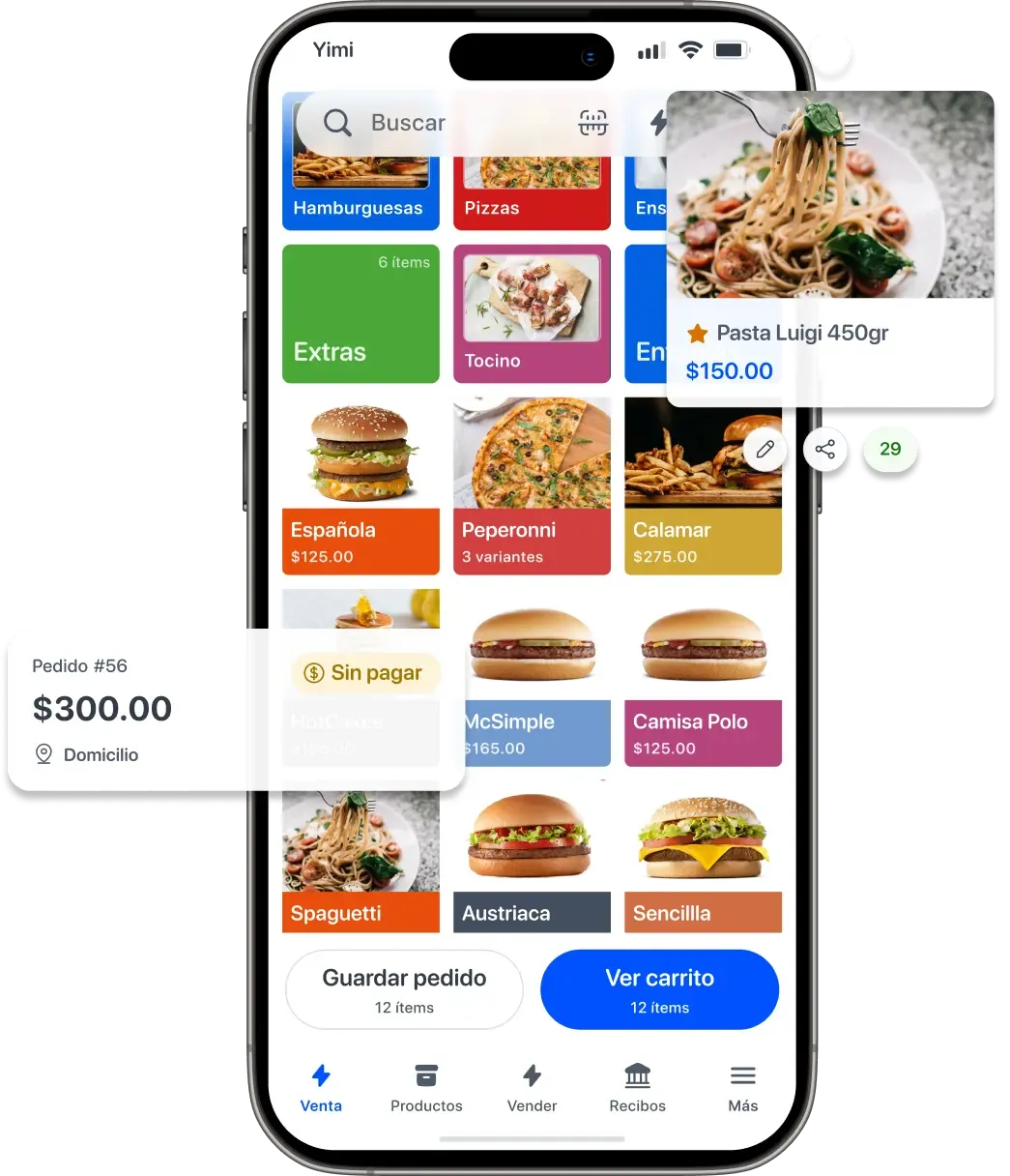 View of the Yimi app showing the point of sale, with a product card and a home-delivery order