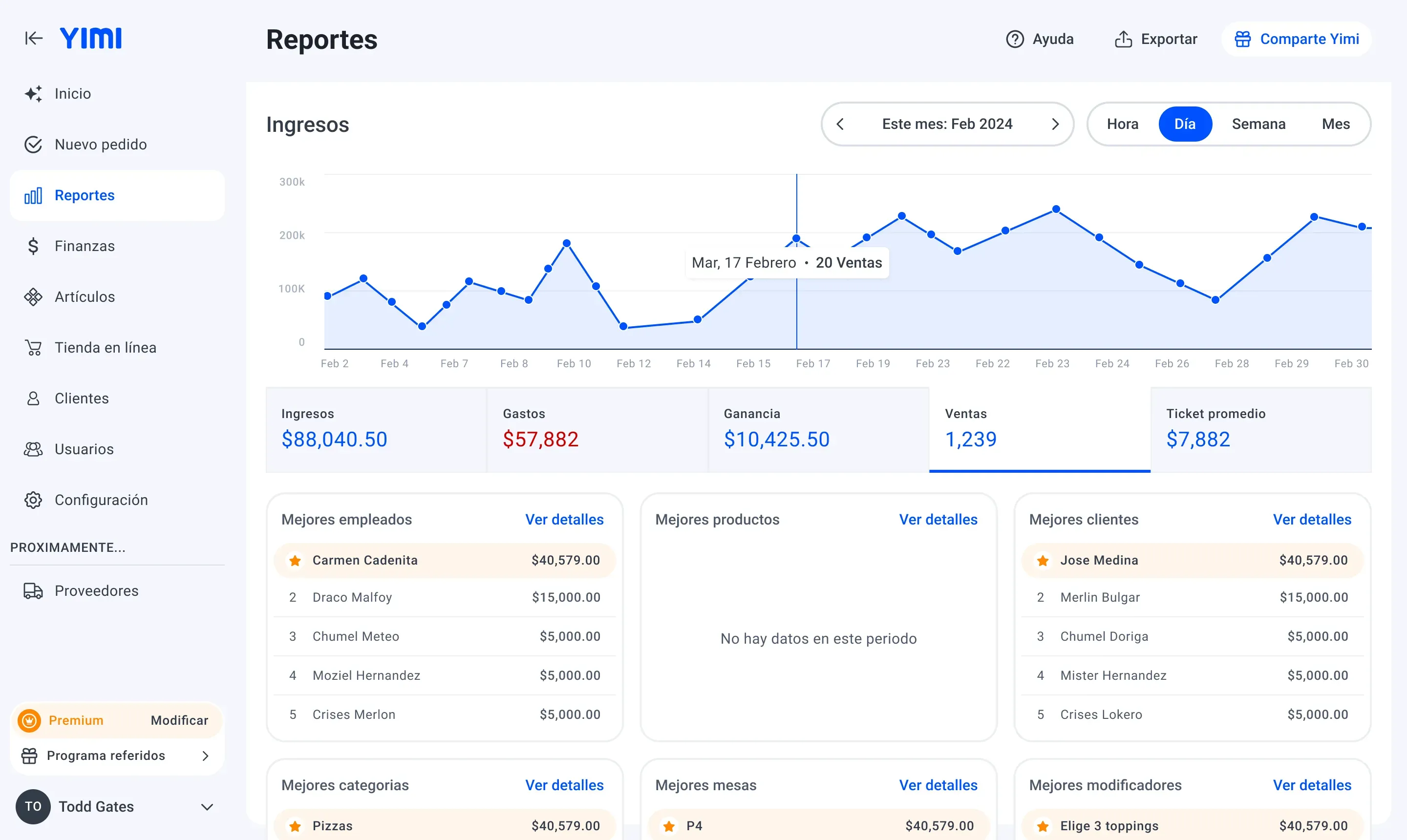 View of the Yimi app showing reports and stats