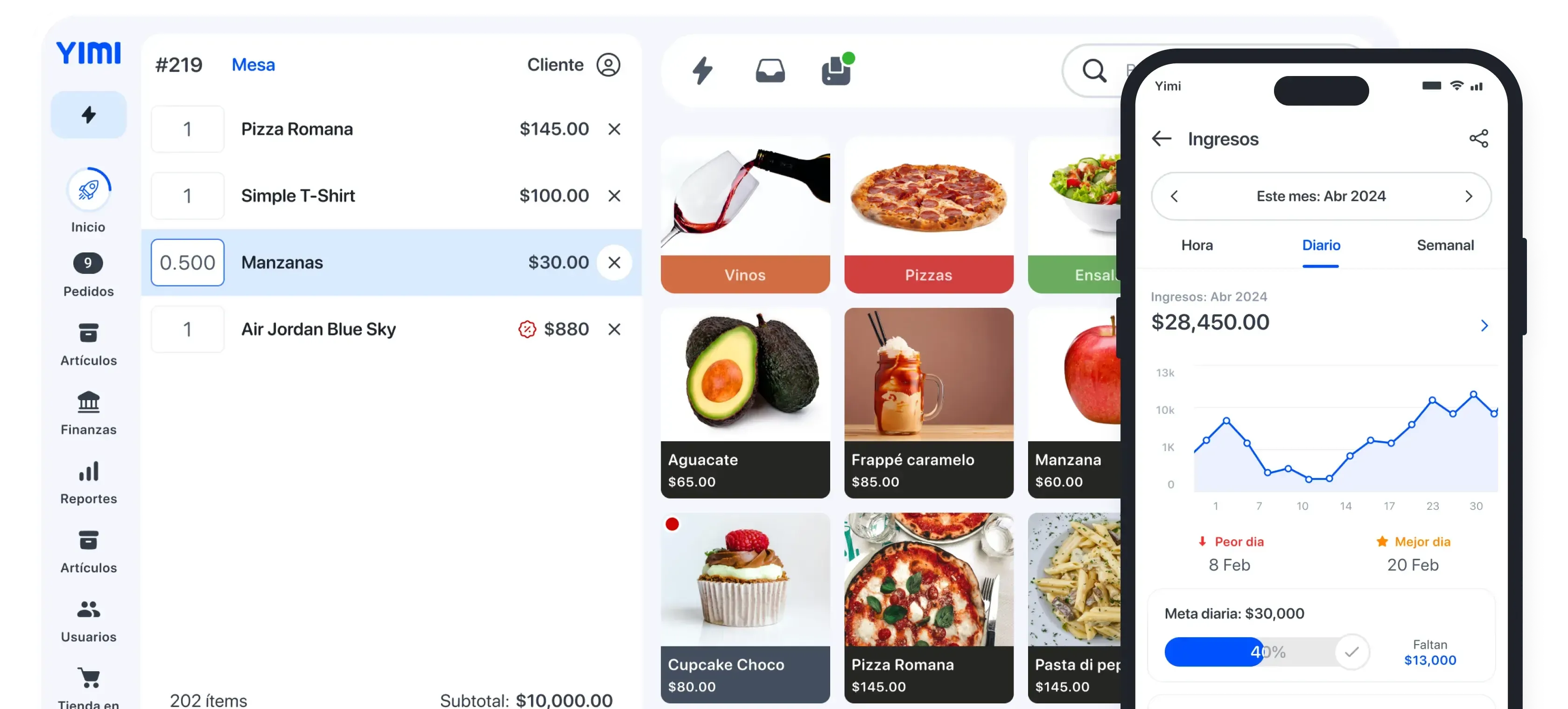 Vista del punto de venta Yimi y la app de reportes en un teléfono