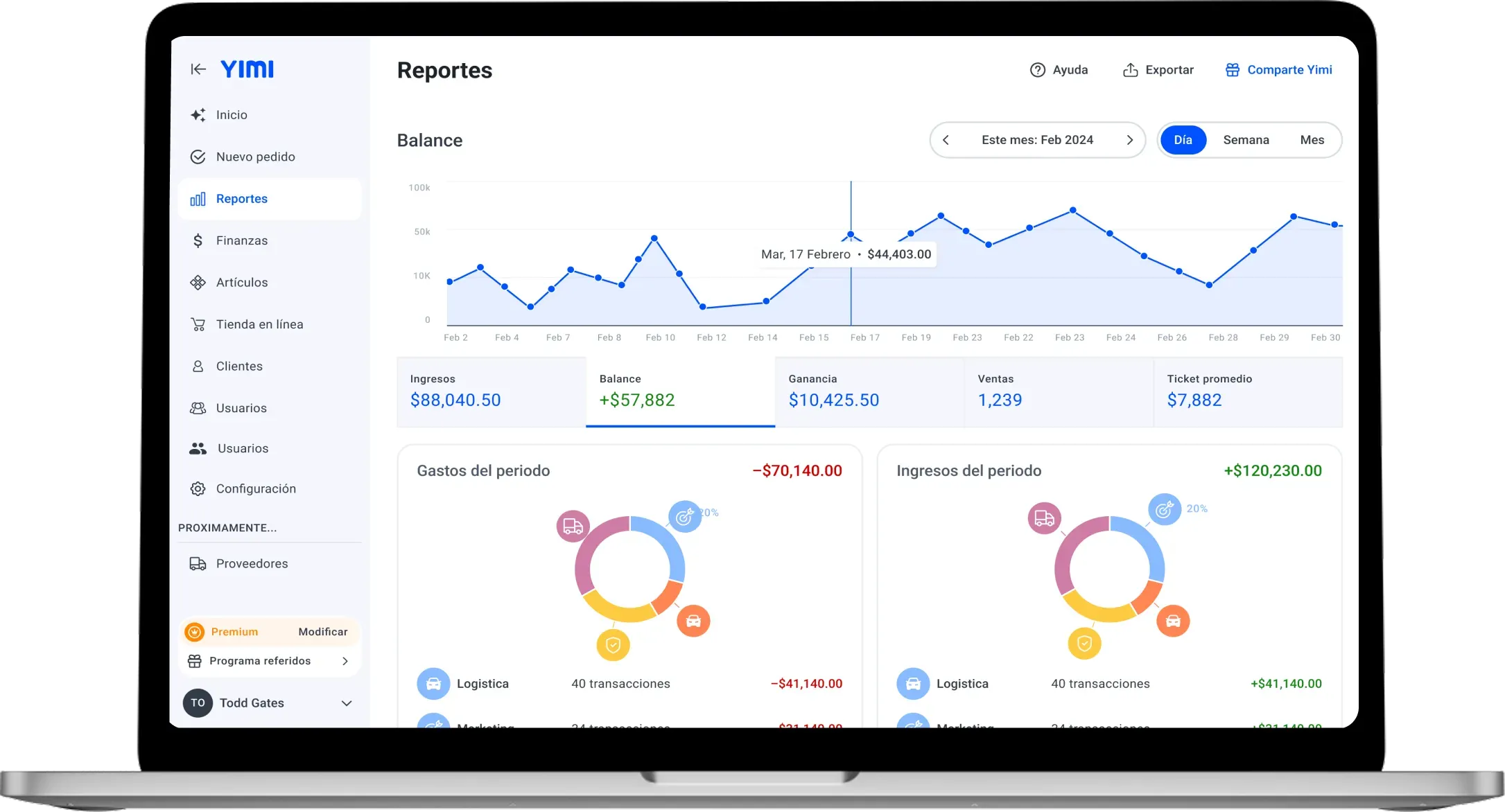 View of the Yimi app showing detailed business reports