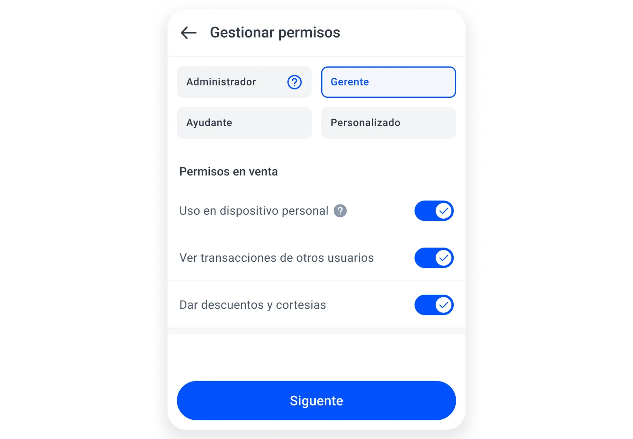 View of the Yimi app showing role administration