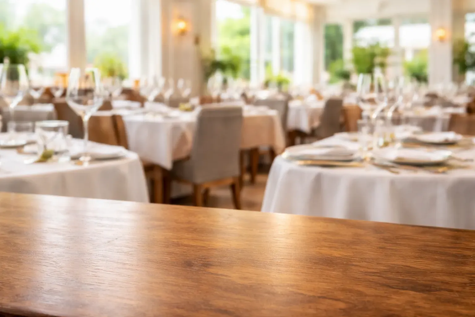 Restaurant interior with tables set for service