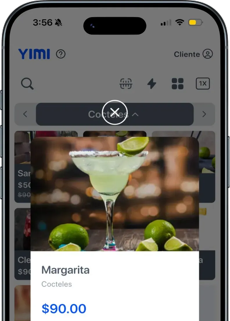 View of the Yimi app showing a Margarita cocktail on the menu