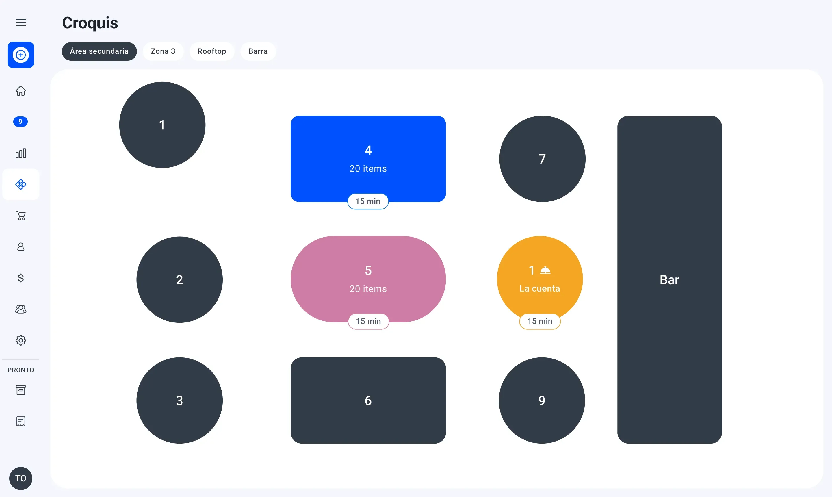 View of the Yimi app showing table management by area